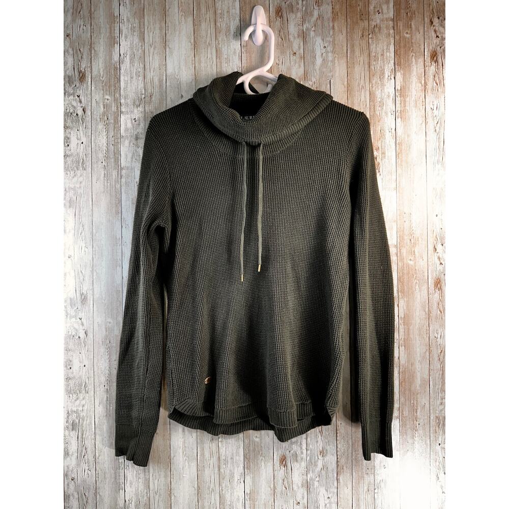 Lauren‎ Ralph Lauren Sweater Womens S Green Waffle Knit Funnel Neck Drawstring